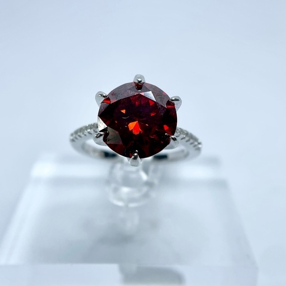 5 Carat Red Moissanite Ring 6 Prong Halo 18K White Gold Finish 925 Silver - Picture 10 of 15